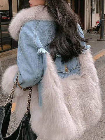 Airchics mi-longue parka jean avec poches col de fourrure ceinture femme mode